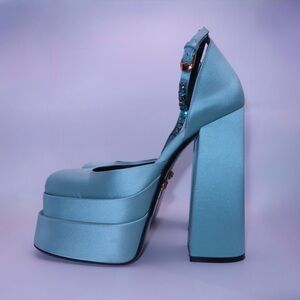 Versace Light Blue Medusa Aevitas Platform Block Heel Satin Square Toe EU 38